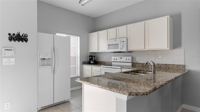 kitchen with white cabinets, kitchen peninsula, white appliances, and sink