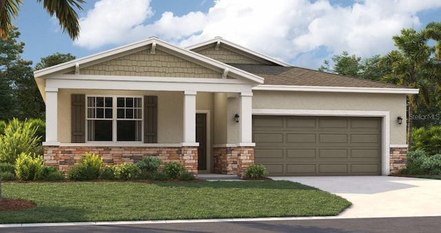 craftsman inspired home with a porch, a garage, and a front yard