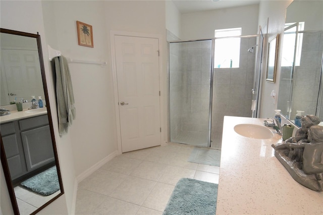 bathroom featuring tile patterned flooring, vanity, and an enclosed shower