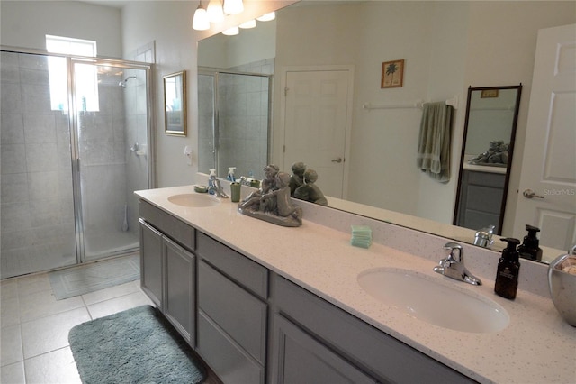 bathroom featuring tile patterned flooring, vanity, and an enclosed shower