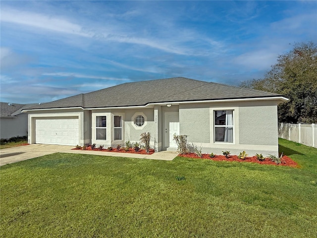 single story home featuring a front yard and a garage