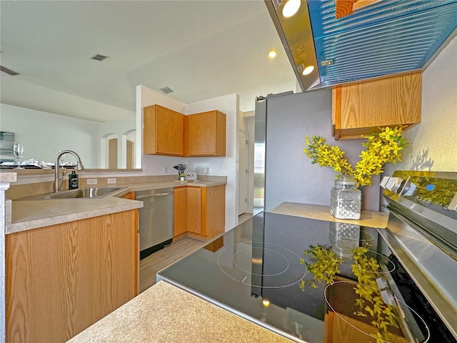 kitchen featuring ventilation hood, light wood-type flooring, stainless steel appliances, and sink