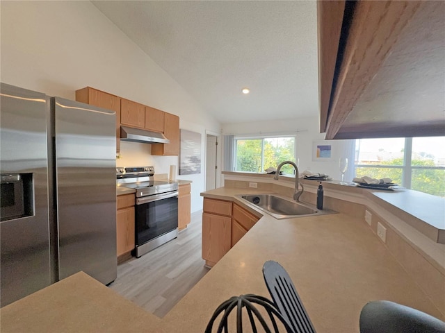 kitchen with sink, light hardwood / wood-style flooring, vaulted ceiling, a textured ceiling, and stainless steel appliances