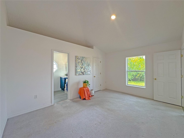 spare room with light carpet, a textured ceiling, and lofted ceiling