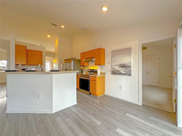 kitchen featuring a textured ceiling, light hardwood / wood-style floors, lofted ceiling, and stainless steel appliances