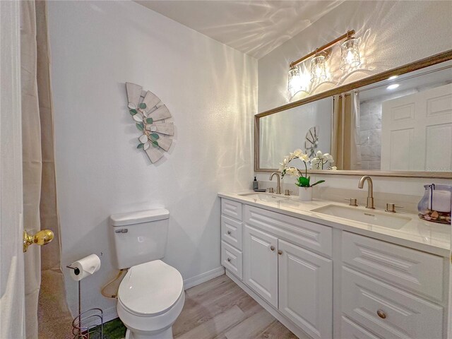 bathroom featuring vanity, wood-type flooring, and toilet