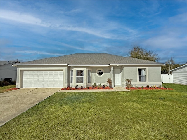 ranch-style house featuring a garage and a front yard