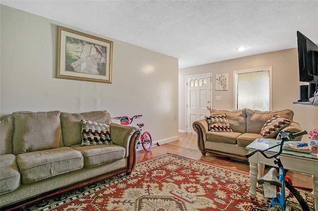 living room with a textured ceiling