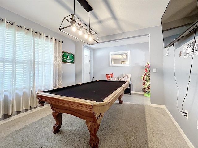 game room with light carpet and pool table