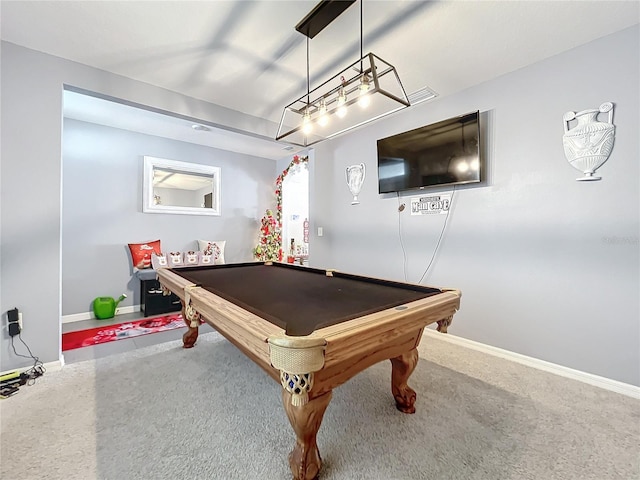 game room with carpet floors and billiards