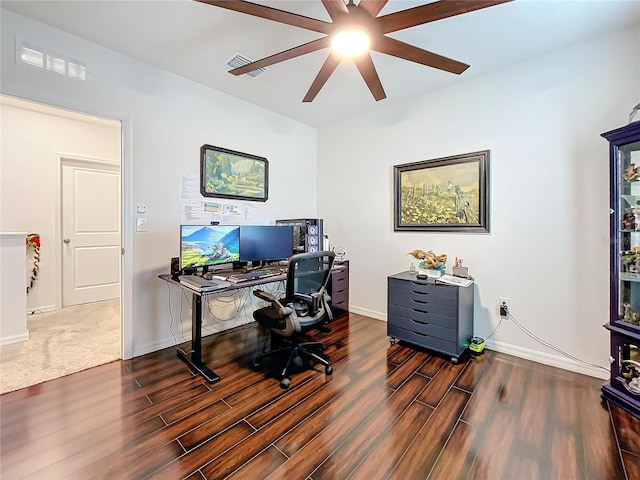 office with ceiling fan and dark hardwood / wood-style floors