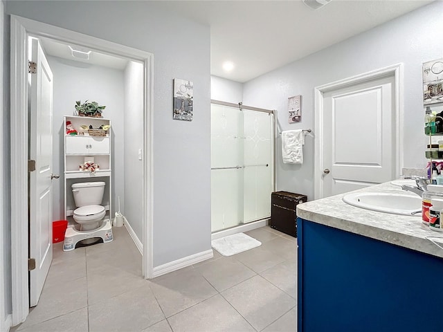 bathroom featuring tile patterned flooring, vanity, toilet, and an enclosed shower