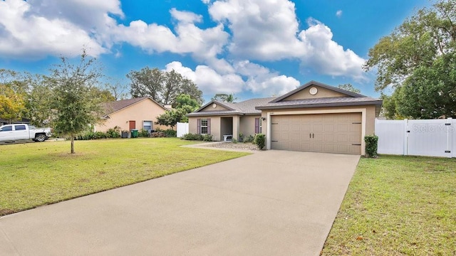 ranch-style home featuring a garage and a front lawn