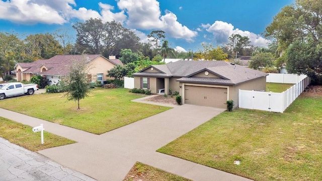 single story home featuring a front yard and a garage