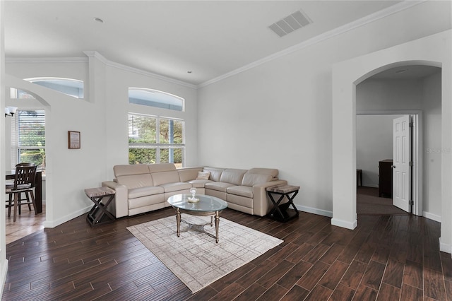 living room featuring crown molding and plenty of natural light