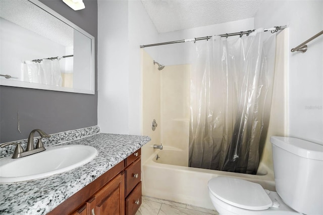 full bathroom with shower / bath combo, toilet, a textured ceiling, and vanity