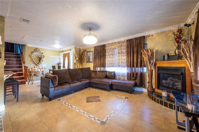 living room with tile patterned floors and ornamental molding