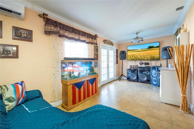 tiled living room with french doors, ornamental molding, and a wall mounted AC