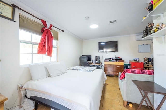 tiled bedroom with ornamental molding