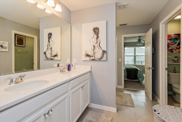 bathroom featuring ceiling fan, tile patterned flooring, vanity, and toilet