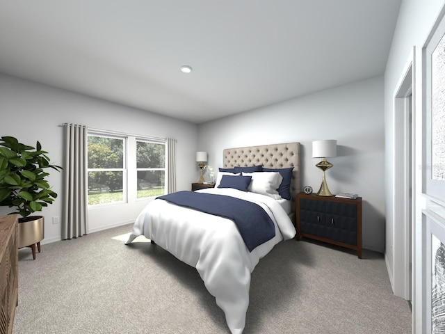 bedroom with light carpet