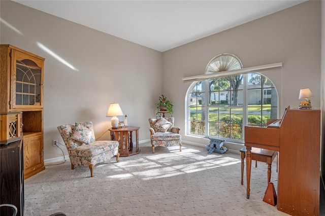 living area featuring light carpet