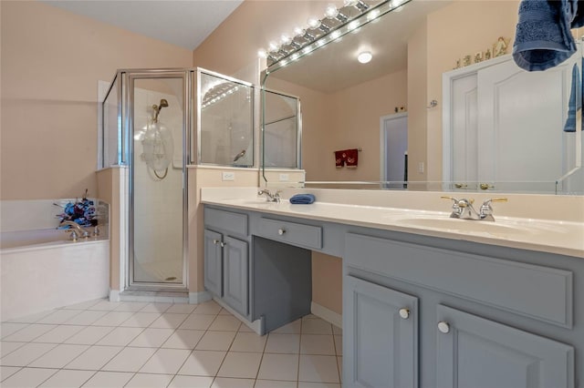 bathroom with tile patterned flooring, vanity, separate shower and tub, and lofted ceiling