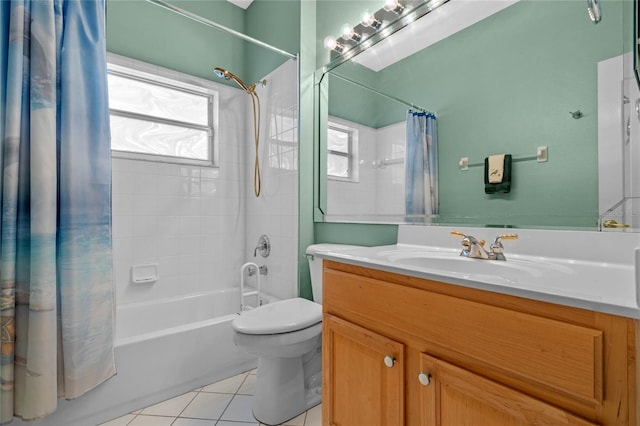 full bathroom featuring tile patterned flooring, shower / bathtub combination with curtain, a healthy amount of sunlight, and toilet