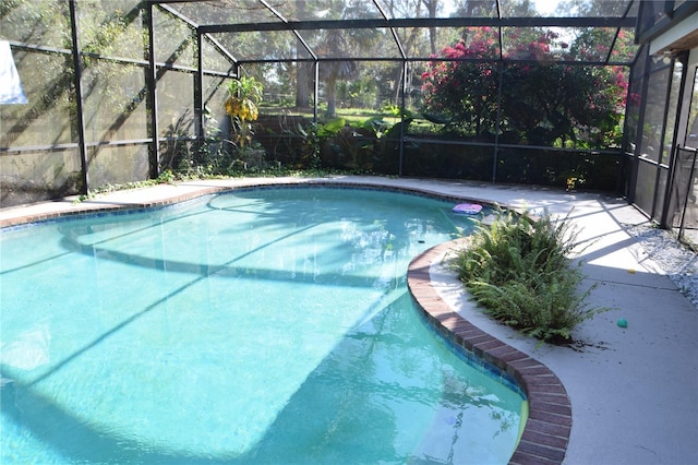 view of swimming pool with glass enclosure