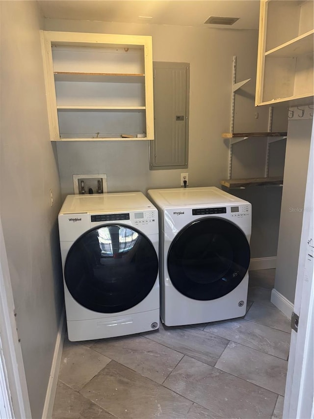 laundry area with electric panel and washer and clothes dryer