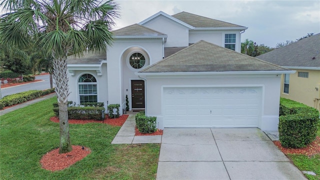 view of front of home with a front lawn and a garage