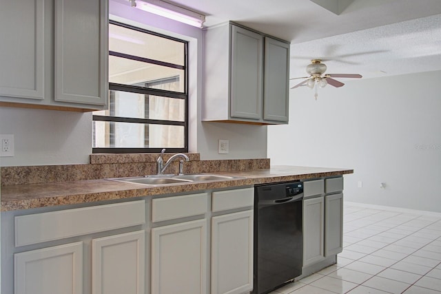 kitchen with gray cabinetry, a textured ceiling, ceiling fan, sink, and dishwasher