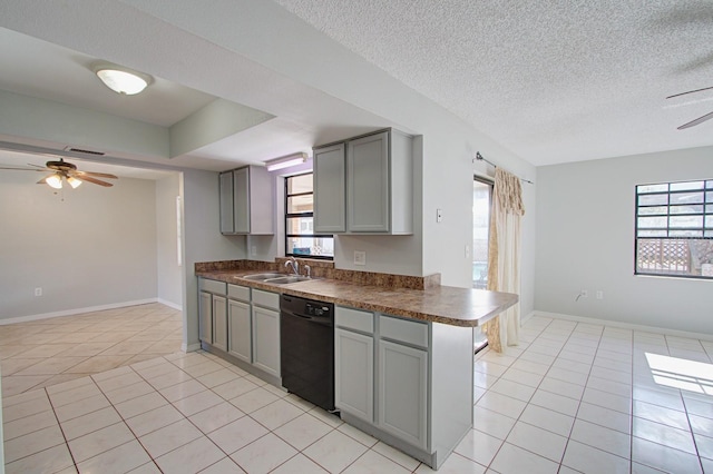 kitchen featuring kitchen peninsula, dishwasher, plenty of natural light, and sink