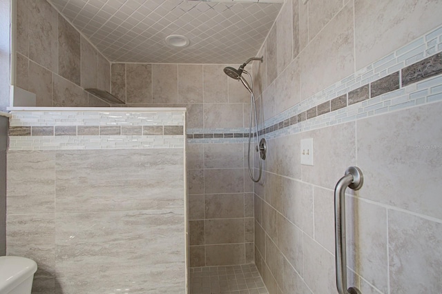 bathroom with tiled shower and toilet