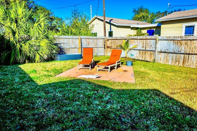 view of yard featuring a patio area and a fenced backyard