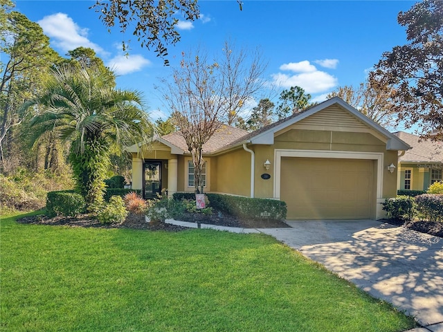 ranch-style house featuring a garage and a front lawn