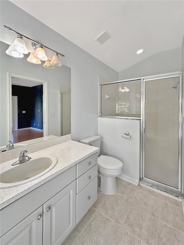 bathroom with tile patterned flooring, vanity, an enclosed shower, and lofted ceiling