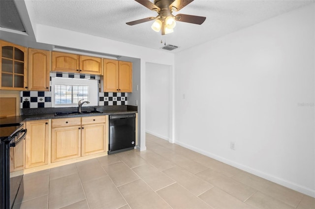 kitchen with decorative backsplash, ceiling fan, sink, black appliances, and light tile patterned floors