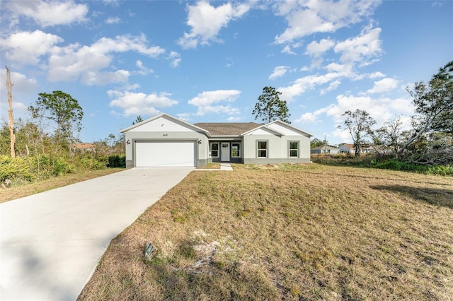 ranch-style home with a front yard and a garage