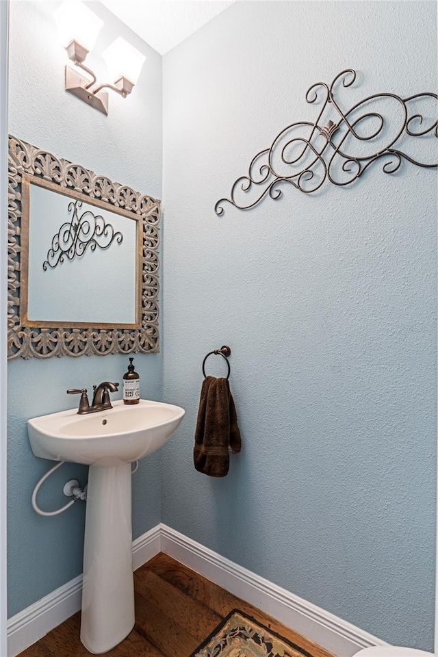 bathroom with hardwood / wood-style floors