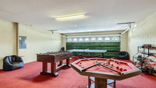 2377 Victoria Dr, Davenport, FL 33837 - playroom with electric panel, carpet, a textured ceiling, concrete block wall, and a garage