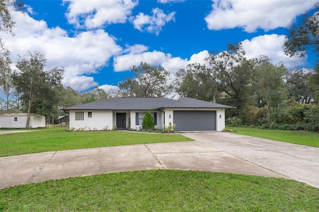 ranch-style house with a front lawn and a garage