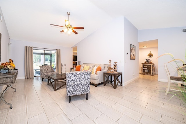 living room featuring ceiling fan and high vaulted ceiling