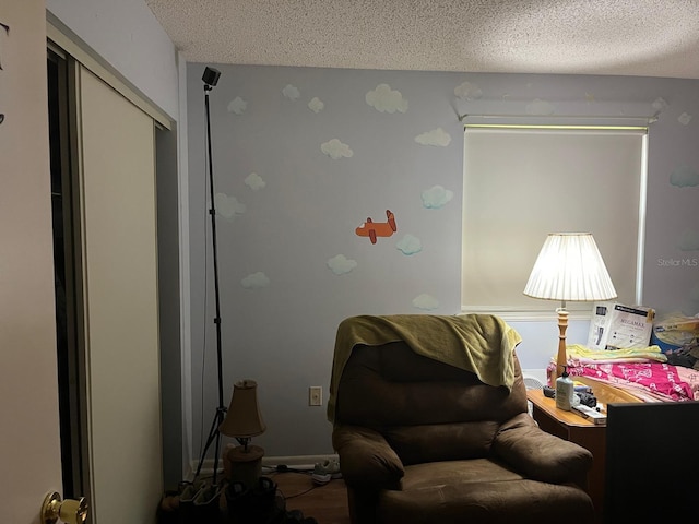 living area with a textured ceiling