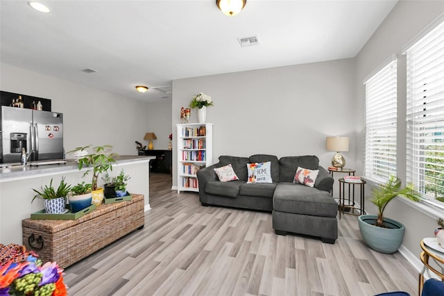 living room with light hardwood / wood-style floors and sink