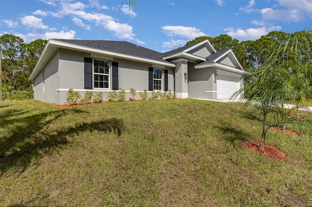 ranch-style house featuring stucco siding, an attached garage, a front lawn, and roof with shingles