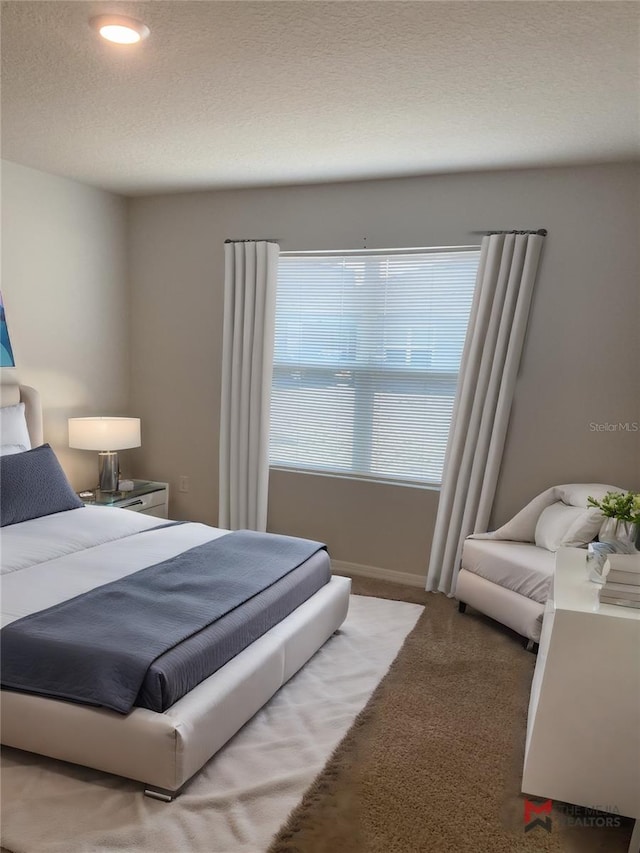 bedroom with carpet floors, baseboards, and a textured ceiling