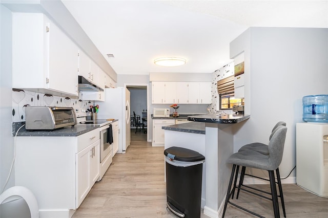 1608 Bomi Cir, Winter Park, FL 32792 - kitchen featuring white appliances, under cabinet range hood, dark countertops, and a kitchen bar