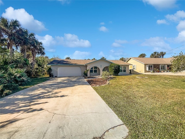 single story home featuring a garage and a front lawn