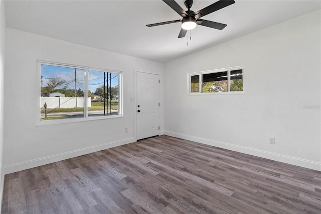 empty room featuring wood-type flooring, a wealth of natural light, and lofted ceiling